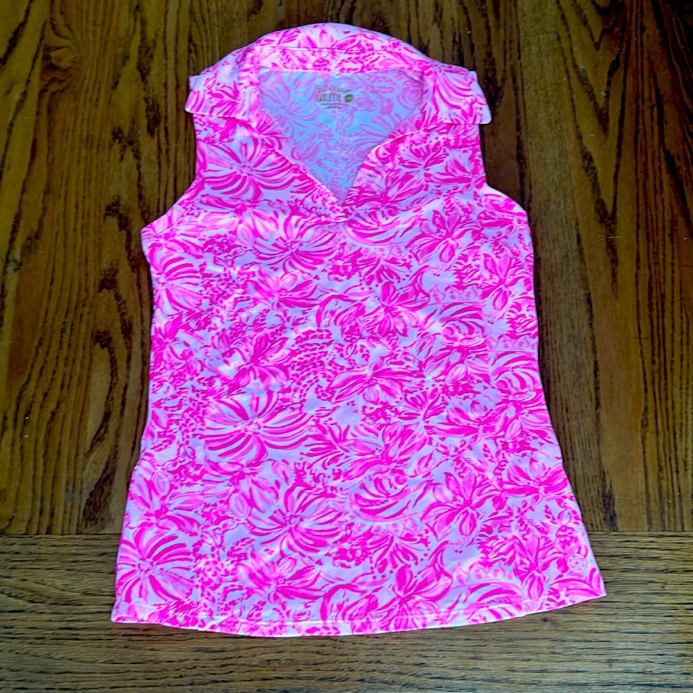 Lilly Pulitzer UPF 50+ Luxletic Imara Polo Top Pink Blossom Foxy Llama NWOT.